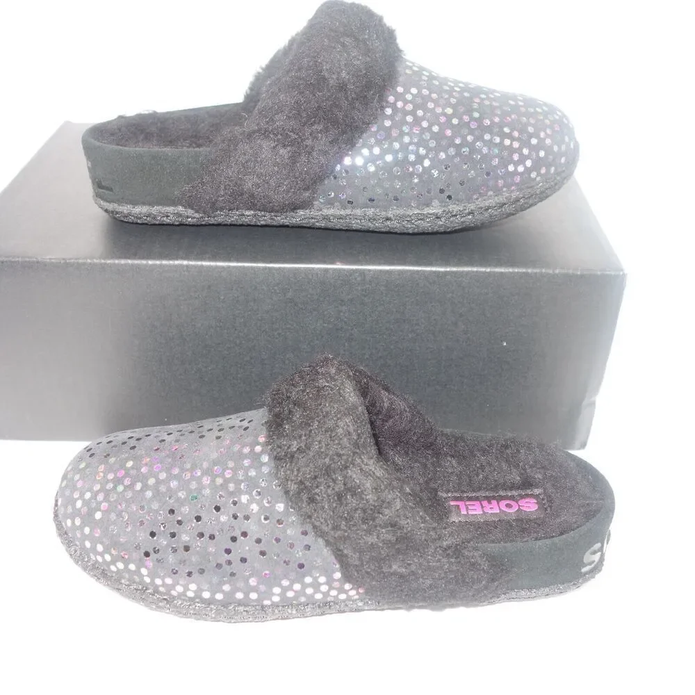 NEW Sorel Nariska Slide II Black Sparkle Slippers Fleece Lined Kids Girls Size 4